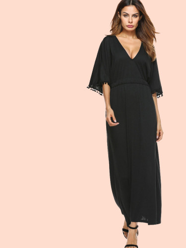 OneBling Pom Pom Trim Batwing Sleeve Plunge Maxi Dress