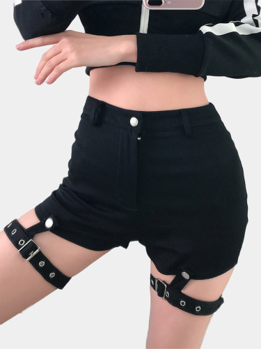 Black High Waist Shorts with Detachable Garter Belt Detail