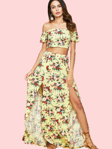 OneBling Floral Printed Crop Bardot Tops and Double Splits Skirts Sets