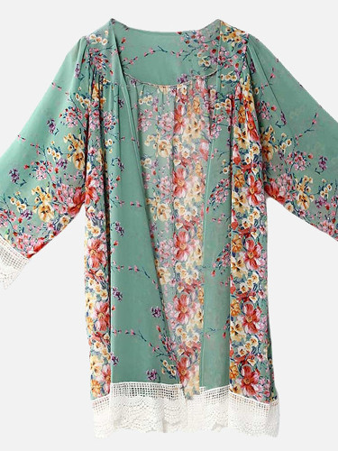 OneBling Lace Cuff and Hem Floral Print Chiffon Kimono
