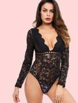 OneBling Crochet Circle Insert Jacquard  Lace Deep Plunge Bodysuit with Scallop Edge