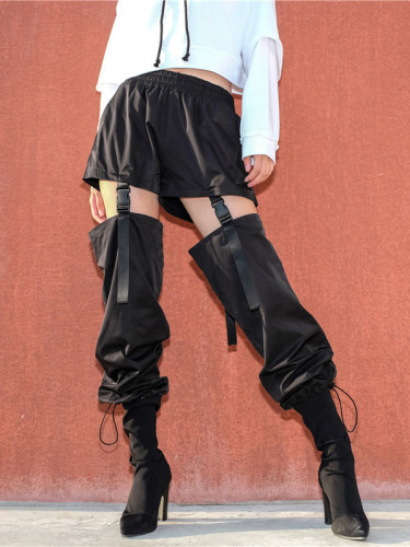 OneBling Drawstring Foot Mouth Trousers with Detachable Suspender