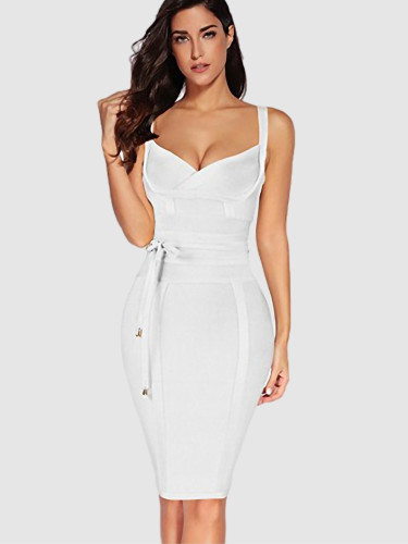 Deep V Neck Zipper Back Bodycon Midi Dress with Tie Waist