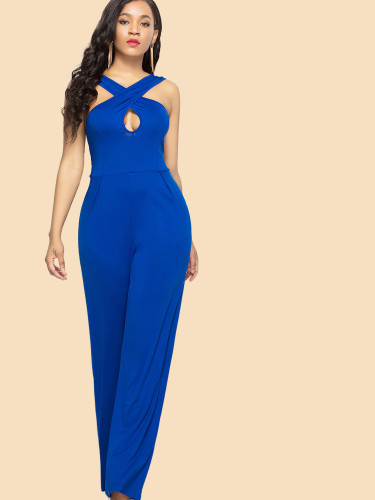 OneBling Plus Size Open Back Cross Front Wide Leg Sleeveless Jumpsuits
