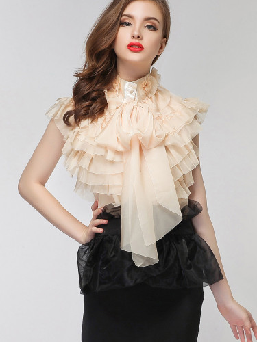 OneBling 3D Floral Turtleneck Ruffles Layered Flutter Sleeve Blouses with Bow Tie