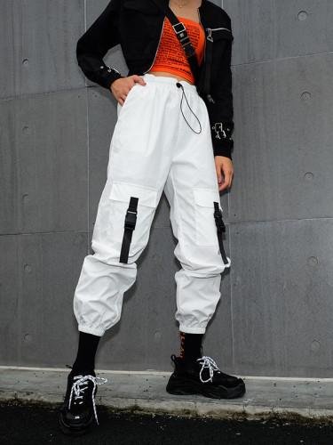 OneBling Contrast Ribbon Detail Cargo Pants In White