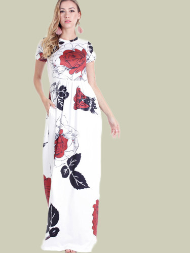 OneBling Rose Print O-Neck Short Sleeve Pocket Detail Maxi Dress