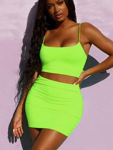 OneBling Neon Green Cami Crop Tops and Mini Skirt Sets