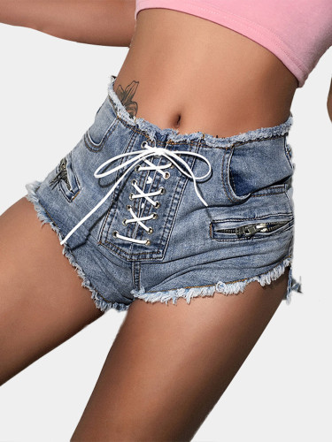 Tie Front High Waist Denim Shorts with Zipper Detail