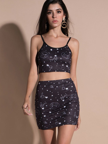 OneBling Cat and Stars Mixed Print Skirt Sets Cami Crop Top and Mini Skirt