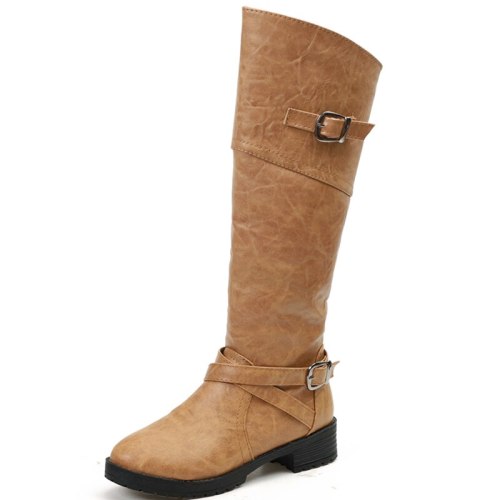 Plus Size Zipper Knee High PU Boots with Straps