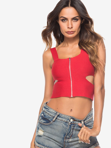 OneBling Zip-Back Cut Out Detail Knit Crop Tank Tops