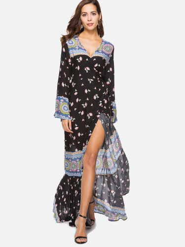 OneBling Fluted Sleeve Surplice Wrap Mixed Print Dress