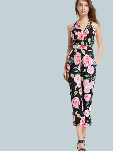 OneBling Open Back Wrap Front Cropped Jumpsuits In Floral Print