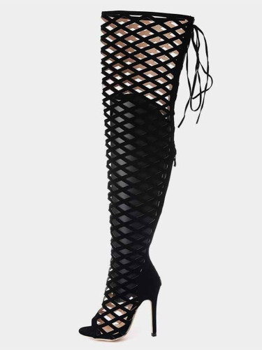 OneBling Fashion Runway Hollow Women Boots Zipper Peep Toe Over-the-Knee Thin High Heels Thigh High Boots Women Botas Mujer