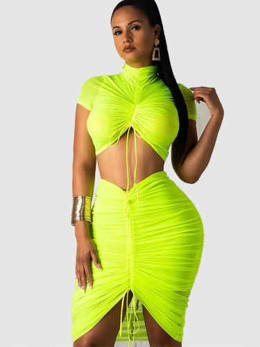 Tie Detail Crop Top and Midi Skirt Neon Green Mesh Set