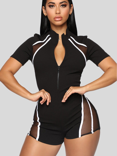 OneBling Sexy See-through Black Mesh Stripe Patchwork Women Fitness Playsuit 2019 Summer Zip Sport Rompers Female Short Jumpsuit