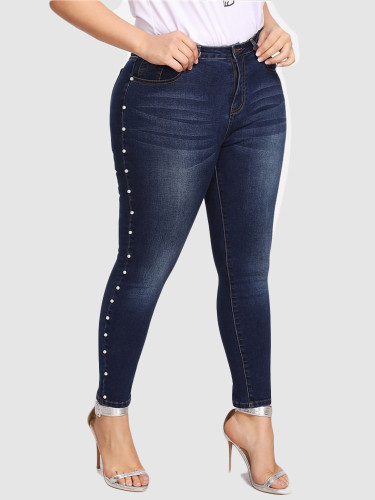 OneBling Women Plus Size Blue Pearls Beads Casual Denim Jeans