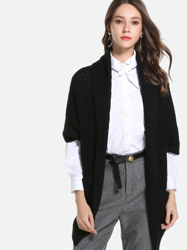 OneBling Ribbed Hem Chunky Open Knit Shawl Collar Cardigan with Pockets