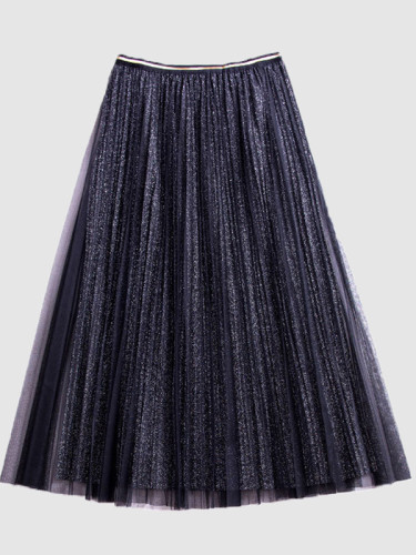 OneBling Glitter Knit Pleated Midi Skirt with Mesh Layer and Piping