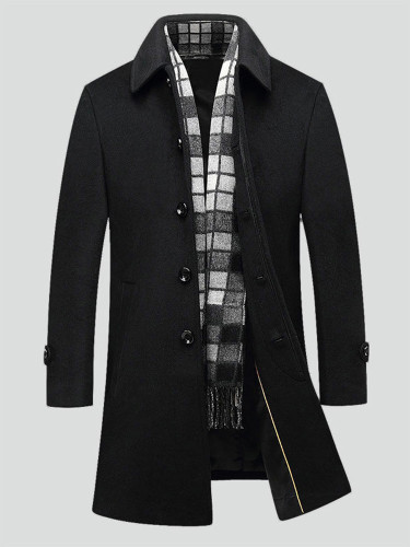 Detachable Scarf Wool Blend Men Trench Coat In Black