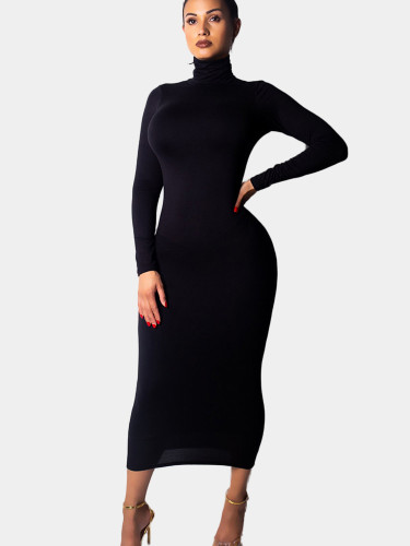 Zipper Back Long Sleeve High Neck Maxi Dress