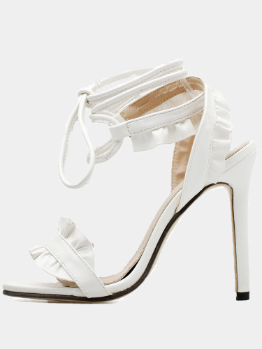 OneBling Plus Size Frill Detail Ankle Tie Heeled Sandals In White /11.5CM