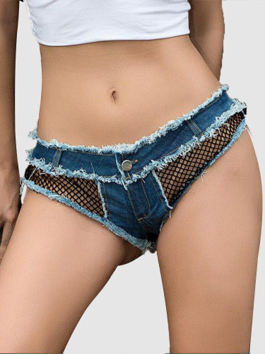 Triangle Denim Shorts with Fishnet Detail