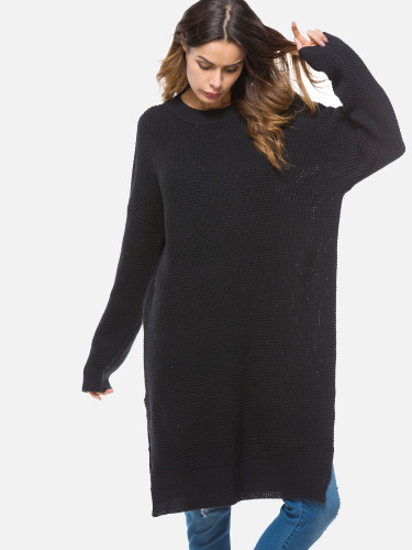 OneBling Long Knitted Split Sweater Dress Women Loose Knitwear