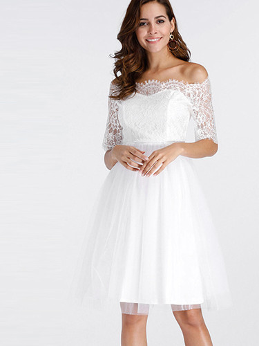 OneBling Off Shoulder Mesh White Lace Dress