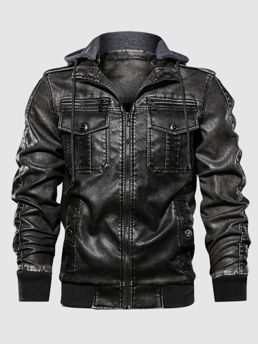 Men's PU Leather Jackets with Detachable Hat
