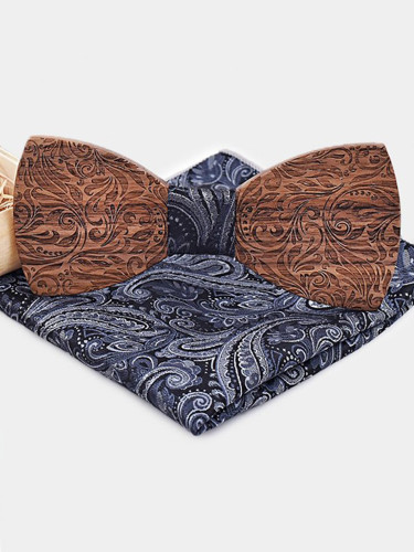 Handkerchief Carve Floral Wooden Bow Ties Sets for Men