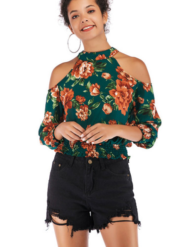 OneBling Cold Shoulder Chiffon Crop Tops with Shirred Trim In Flowers Print