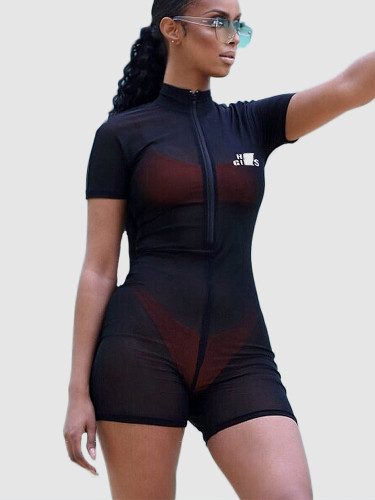 High Neck Zipper Front Mesh Playsuit with Reflective Letters