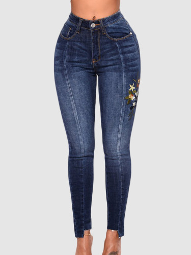 OneBling Plus Size Curve High Waisted Slim Jeans with Floral Embroidery & Raw Hem Detail