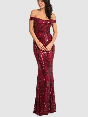 Sequin Off Shoulder Padded Fishtail Maxi Dress