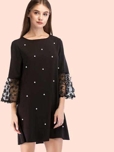 OneBling 3D Floral Contrast Lace Sleeve Mini Dress with Pearl Embellished