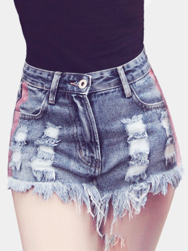 Distressed Denim Shorts with Side Glitter Tape