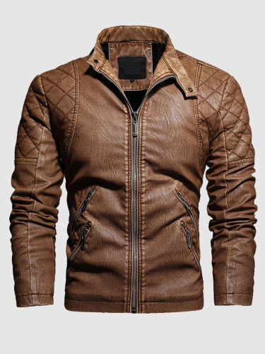 Men's Faux Leather Quilted Jacket with Fleece Lining