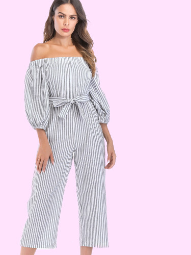 OneBling Ballon Sleeve Off Shoulder Cropped Jumpsuits In Stripe with Belt