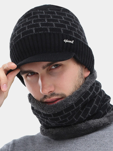 Winter Men's Knit Visor Beanie Hat and Neck Gaiter Set
