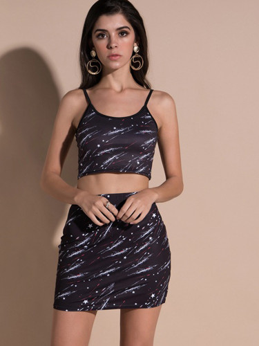 OneBling Meteor Pattern Printed Sets Scoop Neck Crop Cami Top and Mini Skirt