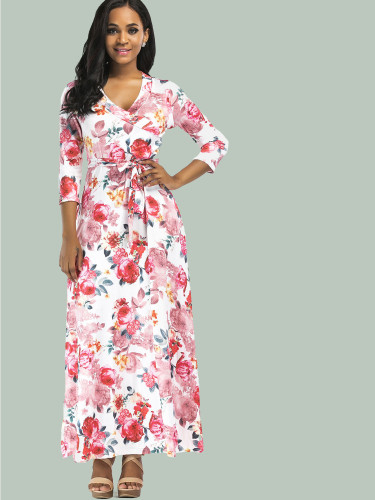 OneBling Sexy Cross V-Neck Three Quarter Sleeve Floral Printed Women Floor Length Dress with Belts