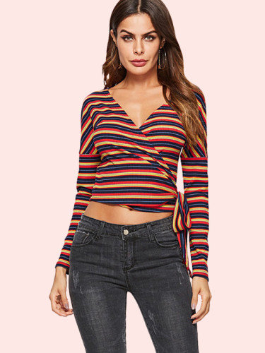 OneBling Tie Side Wrap Front Contrast Striped Crop Tops