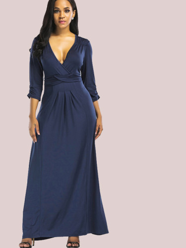 OneBling Plus Size Ruched and Pleated Detail Maxi Wrap Dress with 3/4 Length Sleeve