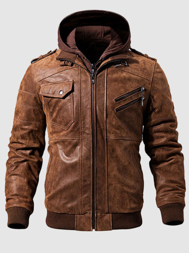 Men's Genuine Leather Hooded Biker Jacket