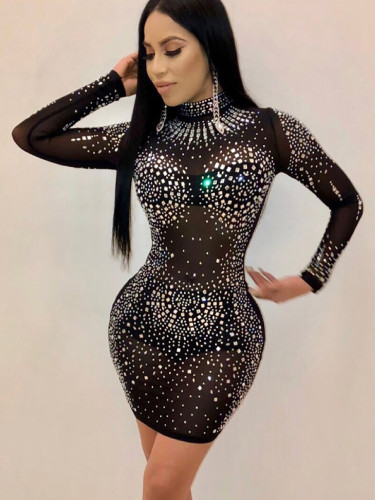 OneBling Rhinestone Embellished Bodycon Sheer Mesh Mini Dress