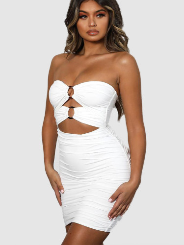 Strapless Ruched Mini Dress with O-Ring and Cut Out Detail