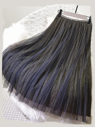 OneBling Sheer Mesh Overlay Glitter Pleated Skirt with Contrast Trim