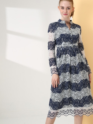 OneBling Mock Neck Button Front Long Sleeve Jacquard Lace Striped Midi Dress